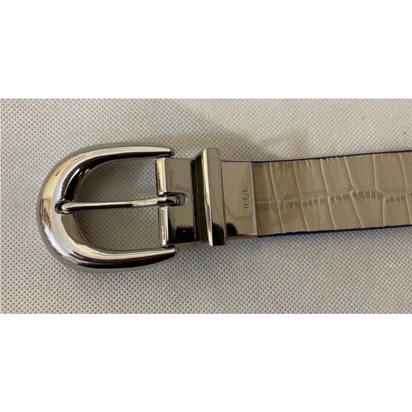 New Lauren Ralph Lauren Blue White Leather Silver Buckle Reversible Belt
